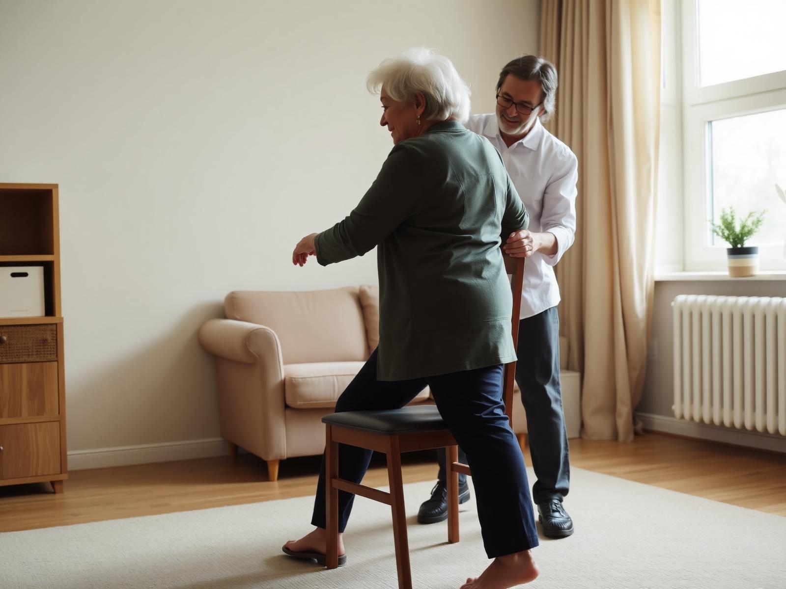 Exercice d'équilibre debout d'une personne âgée accompagnée par un physiothérapeute lors d'une séance de physiothérapie gériatrique à domicile.