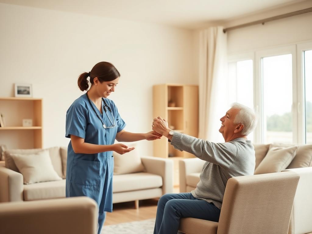 Placeholder — séance de physiothérapie à domicile dans un salon lumineux, avec un praticien aidant un patient assis à exercer le mouvement des bras.